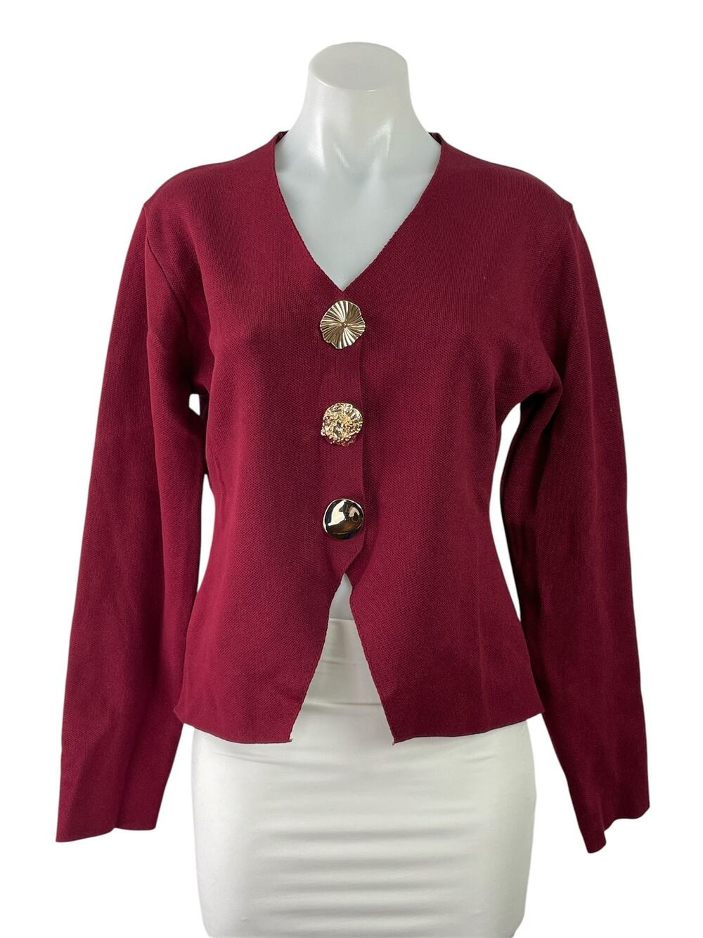 Fashion Womens Red V-neck Oversized Buttons Long Sleeve Cardigan Sweater Size M